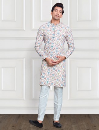 Off white and yellow printed kurta suit