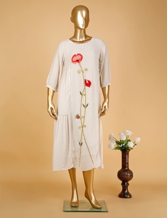 Off white cotton floral embroidery kurti