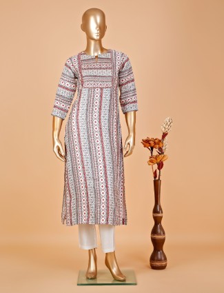 Off white cotton printed kurti with pant 