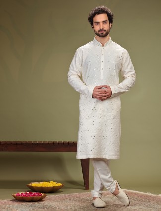 Off-white cotton silk kurta suit