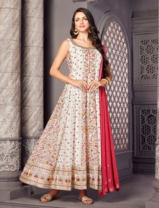 Off white embroidery anarkali floor length suit