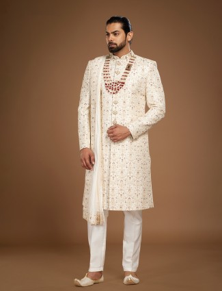 Off white embroidery sherwani for groom