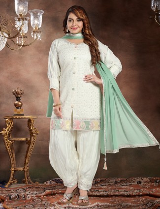 Off-white punjabi style salwar suit with dupatta