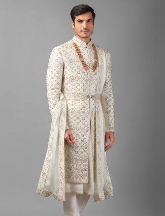 Off-white raw silk peshwai style sherwani