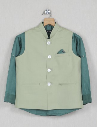 Olive hued plain waistcoat shirt for boys in terry rayon