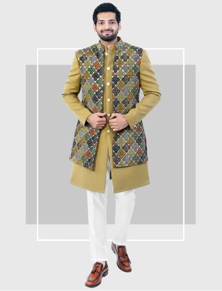 Olive hued printed terry rayon indowestern for men