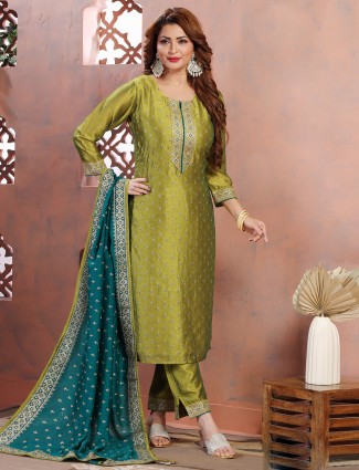 Olive silk salwar suit with dupatta