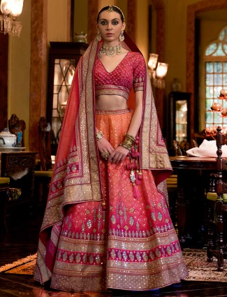 Ombre style pink printed silk lehenga choli