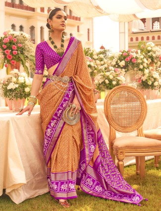 Orange and purple patola printed saree