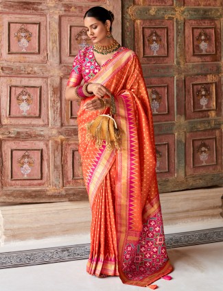 Orange banarasi silk zari weaving saree