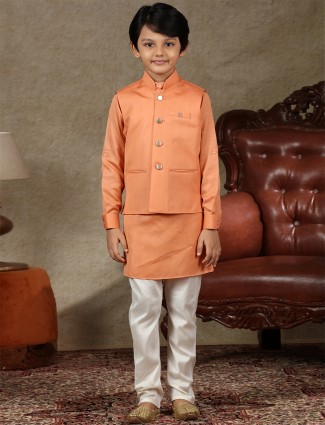 Orange cotton silk waistcoat set for boys