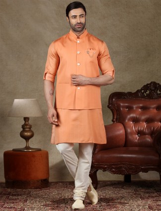 Peach lavish cotton silk waistcoat set for men