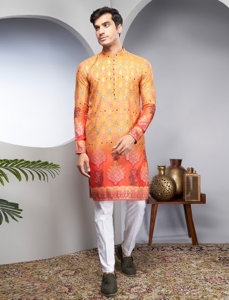 Orange printed kurta suit in silk