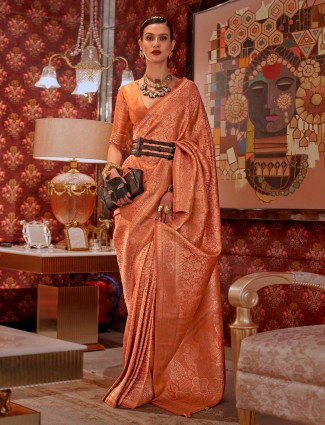 Orange zari weaving saree in silk