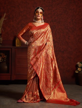 Orange zari weaving silk saree