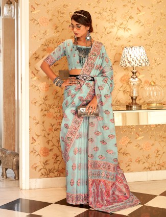 Pashmina silk sky blue saree for wedding