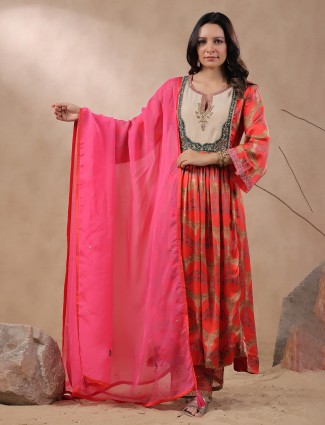 Peach and beige printed silk palazzo suit