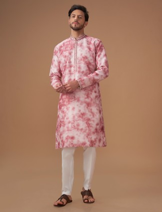 Peach and white printed kurta suit