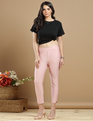 Peach plain color jeggings for womens in lycra