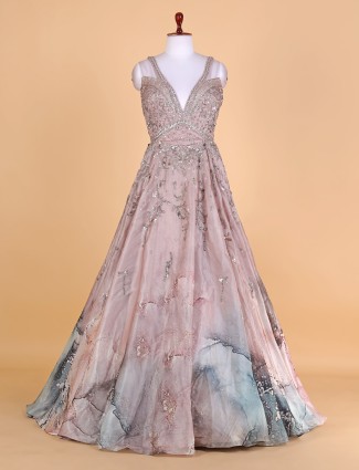 Peach printed designer gown in organza