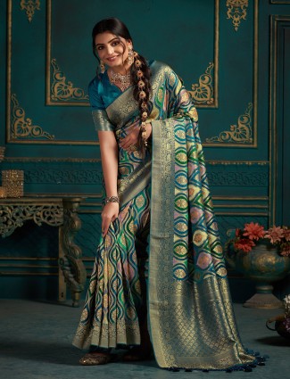 Peacock blue silk zari weaving saree