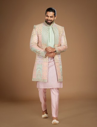 Pink and green shaded silk indowestern