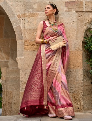 Pink and maroon silk zari weaving saree