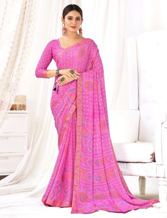 Pink chiffon bandhani printed saree