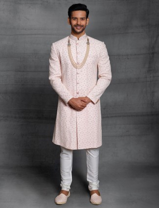 Pink color silk sherwani for wedding event