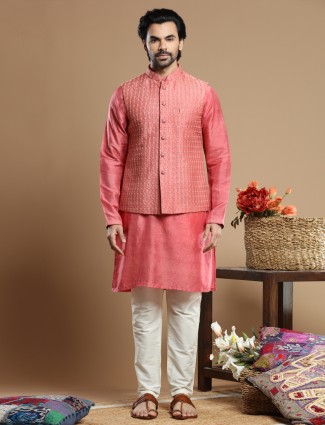 Pink color wedding wear cotton silk waistcoat set