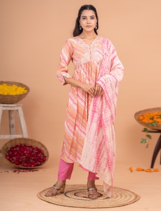 Pink cotton leheriya kurti set with dupatta