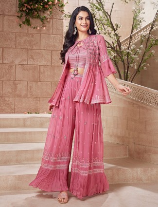 Pink jacket style palazzo suit in georgette