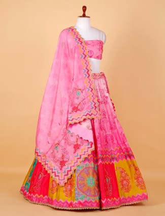 Pink printed unstitched lehenga choli in silk