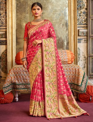 Pink printed wedding look saree in dola silk