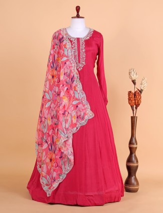 Pink silk floor length suit with floral printed dupatta