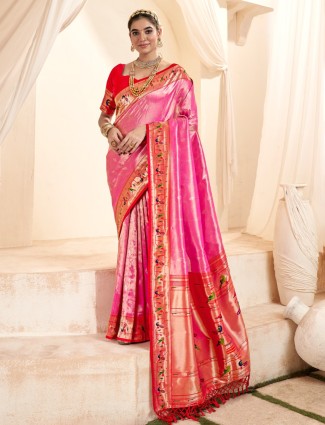 Pink tissue silk saree with contrast border