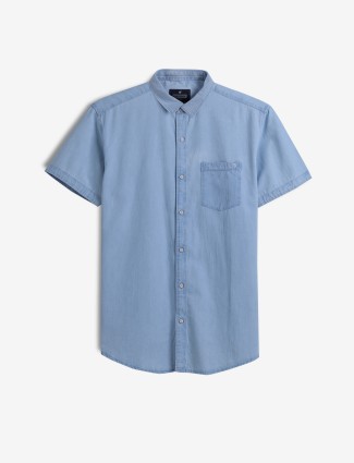 PIONEER sky blue plain cotton shirt