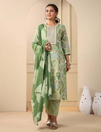 Pista green cotton floral printed kurti set