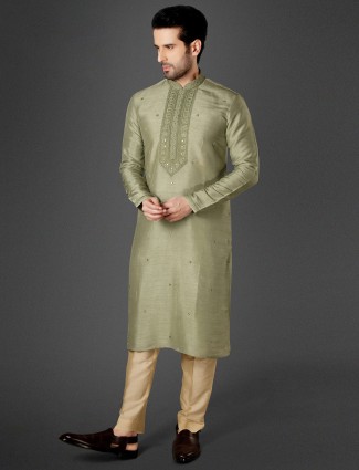 Pista green cotton silk festive kurta suit for men