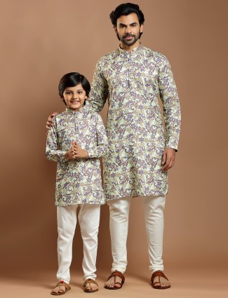 Pista green festive cotton silk kurta suit for father and son
