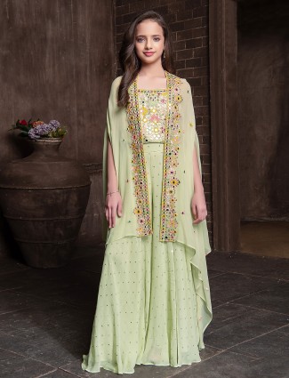 Pista green georgette jacket style palazzo suit