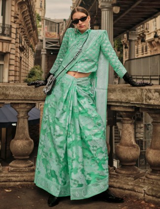 Pista green organza lucknowi saree
