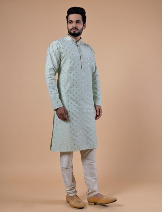 Pista green silk zari weaving kurta suit