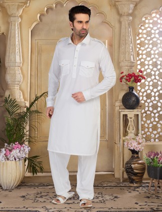 Plain off-white cotton pathani suit