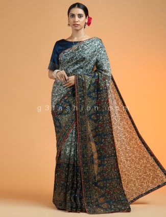 Powder blue extraordinary wedding sari in modal silk