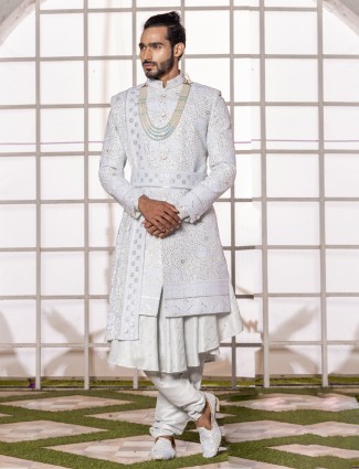 Powder blue silk groom wear sherwani