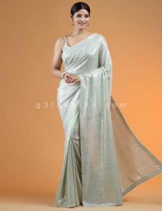 Powder green sequins fabric saree for party events