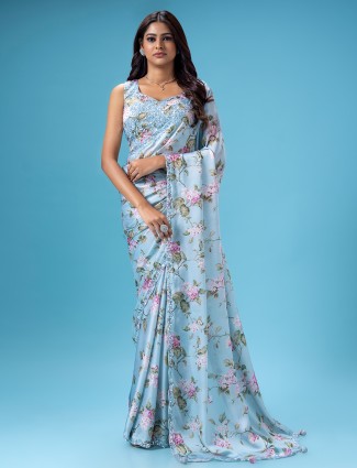 Pretty sky blue printed mashru silk saree