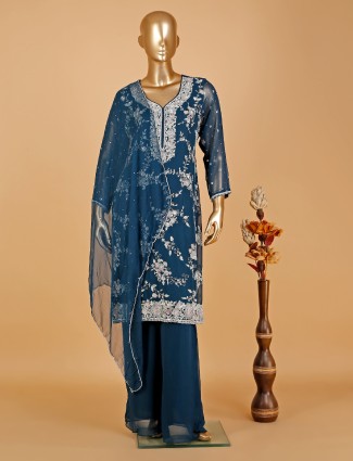 Pretty teal blue georgette palazzo suit