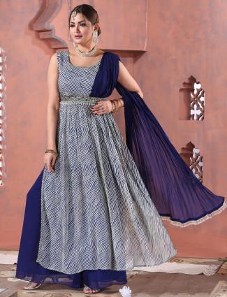 Printed blue and white georgette palazzo suit
